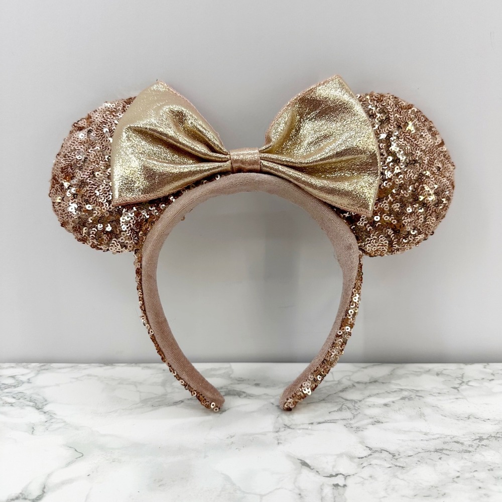 Disney Rose Gold Sequin Minnie Ears Headband with Gold Bow